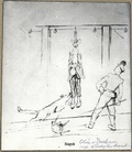 Графика, представяща наказанието „стълб“, едно от най-жестоките наказания, прилагани в Дахау; графиката е дело на един от затворниците, отец Владислав Сарник (личен архив на Мария Сарник – Кониечна)